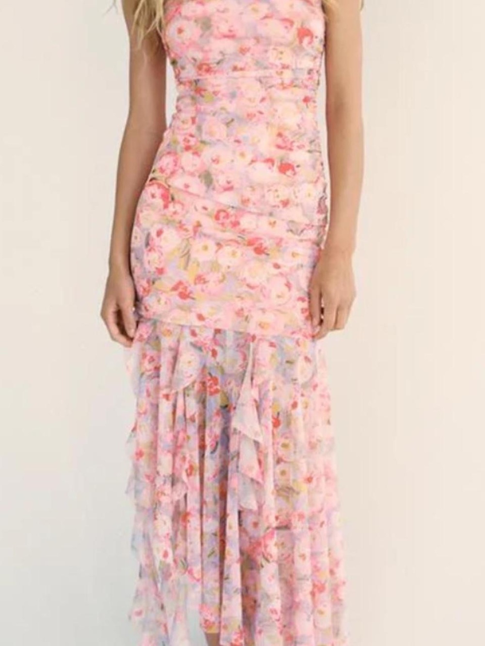 Sleeveless Pink Floral Ruffled Maxi Dress
